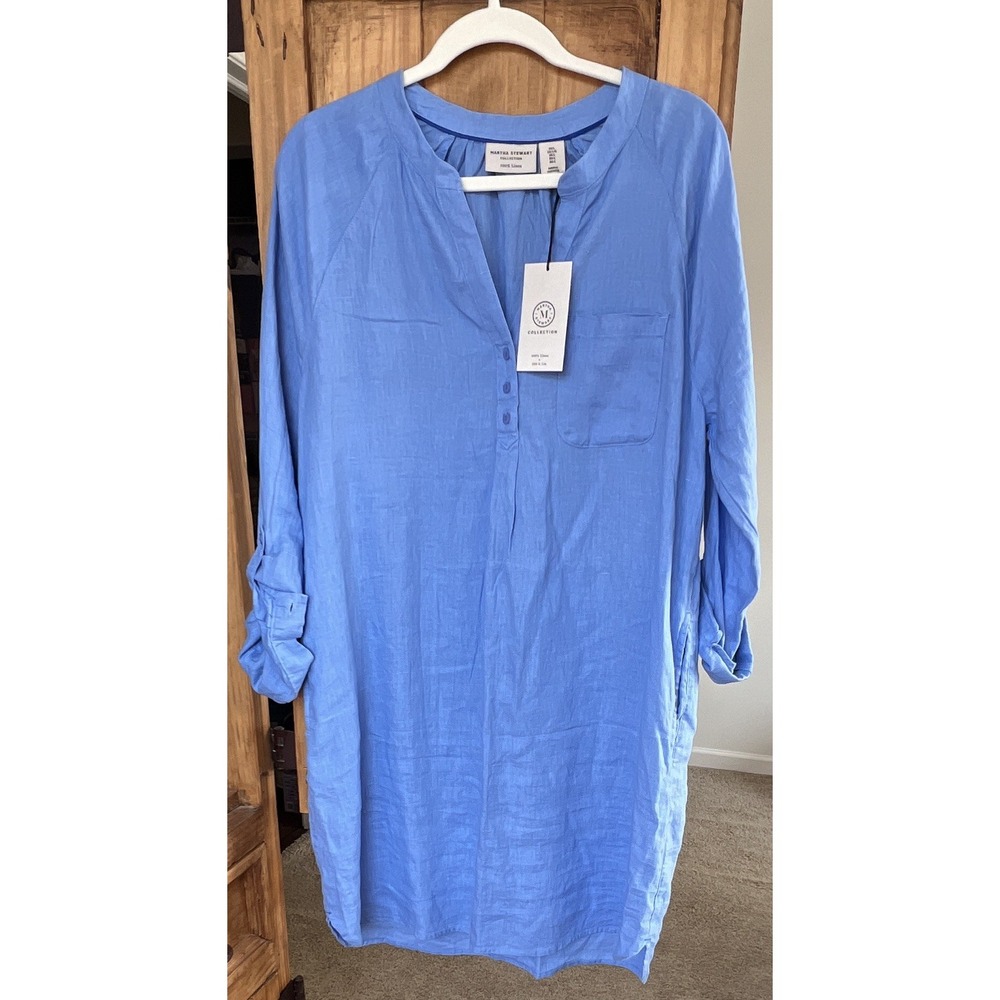 Martha Stewart Collection Women's Blue Linen Shirt Dress Pockets Size L